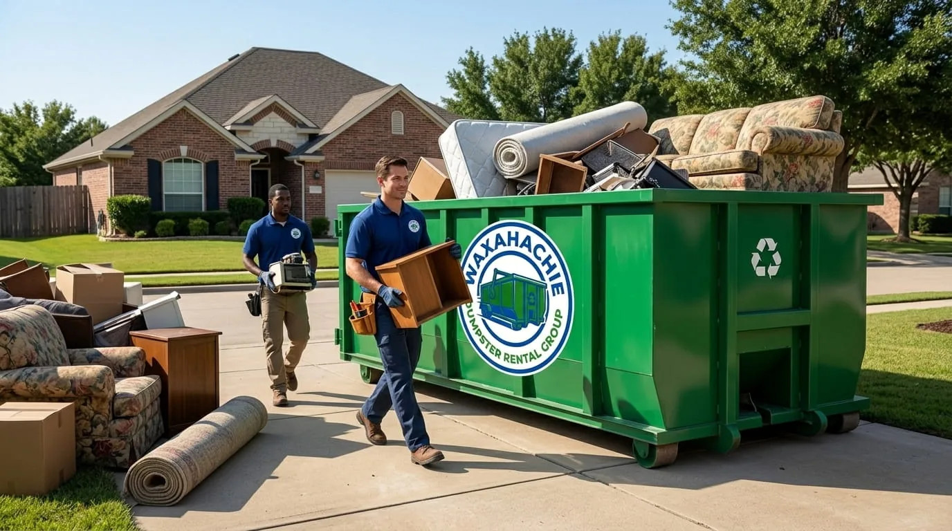 Roll-off dumpster on a Waxahachie driveway with a home remodel underway