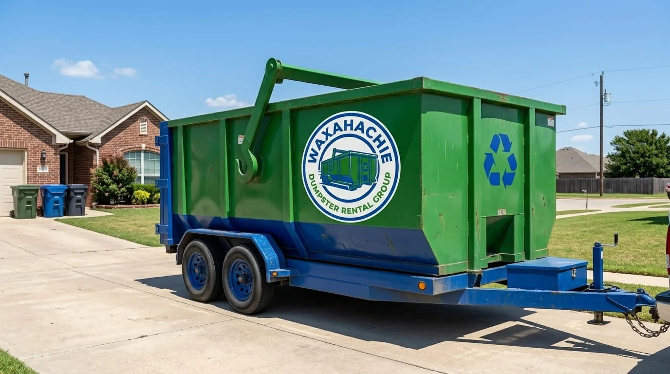 Row of roll-off dumpsters in different sizes on a Waxahachie lot