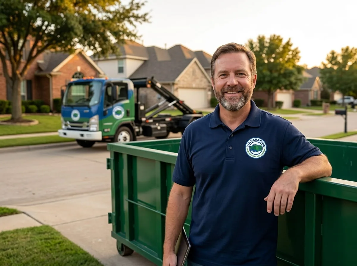 Estate cleanout dumpster outside a historic Waxahachie gingerbread home