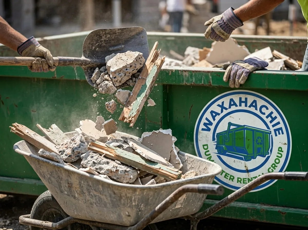 Roofing shingle tear-off debris loaded into a dumpster in Waxahachie hail country